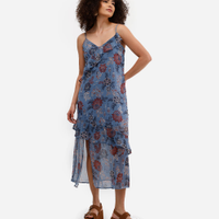 Vestido midi feminino chiffon alça fina com babados floral azul