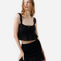 Cropped feminino de algodão franzido com bordado preto
