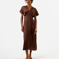 Vestido midi feminino decote v com pregas acetinado - marrom