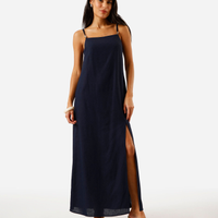 Vestido longo alça fina feminino com linho e fenda marrom
