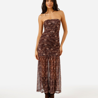 Vestido midi sem alça feminino de tule franzido floral marrom