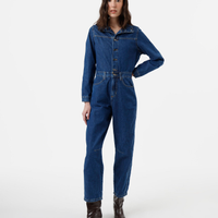 Macacão feminino jeans manga longa gola funnel neck azul