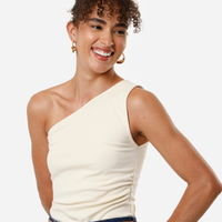 Blusa feminina assimétrica franzida bege