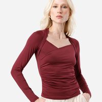 Blusa feminina decote v manga longa franzida vinho