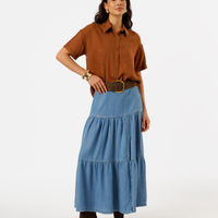 Saia midi feminina jeans com recortes e fenda azul