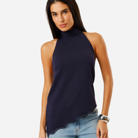 Blusa assimétrica feminina halterneck com renda azul