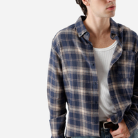 Camisa masculina de algodão manga longa xadrez azul