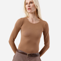 Body feminino de poliamida manga longa canelado marrom