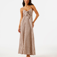 Vestido midi alça fina feminino com amarração xadrez marrom