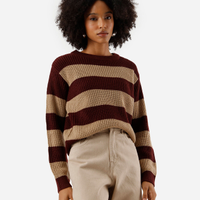 Suéter feminino de tricot gola redonda listrado vinho