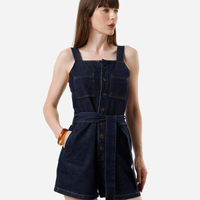 Macaquinho feminino jeans com faixa azul
