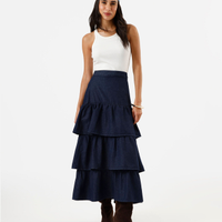 Saia midi feminina jeans com camadas azul