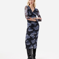 Vestido midi feminino de tule decote v floral azul