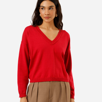 Suéter feminino de tricot decote v vermelho