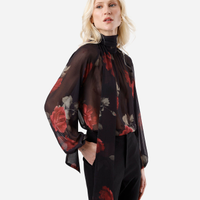 Blusa feminina gola alta com amarração floral preta