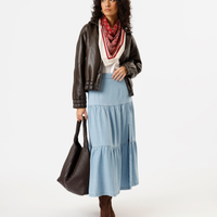 Saia midi feminina jeans com recortes e fenda azul