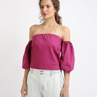 Blusa Feminina Cropped Ombro a Ombro Manga 7/8 Rosa