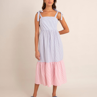 Vestido midi bicolor de tricoline listrado alça grossa para amarração multicor