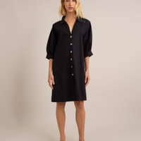 Vestido chemise curto de algodão manga bufante preto