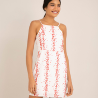 Vestido curto de viscose estampado floral alça fina decote halter neck off white