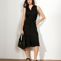 Vestido Chemise Midi com Linho e Faixa para Amarrar Sem Manga Preto