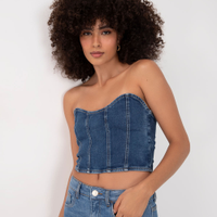 Corset jeans decote coração azul escuro