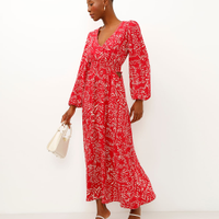 Vestido longo de viscose folhagens vermelho