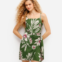 Vestido curto feminino de viscose com amarração floral verde