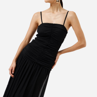 Vestido midi alça fina feminino de tule franzido preto