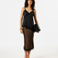 Saia midi feminina com renda acetinada marrom