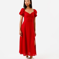 Vestido midi feminino com linho decote coração manga bufante vermelho