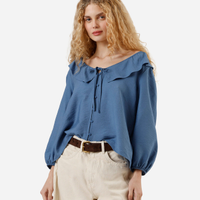 Bata feminina com viscose e babados manga longa azul