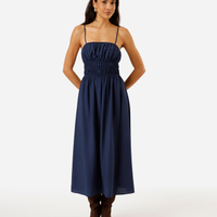 Vestido midi alça fina feminino com viscose e franzidos azul