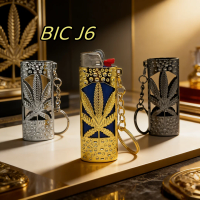 Vintage Hammered Metal Case for BIC J6 Lighter, Leaf Carved Cover with Keychain, Durable Gift Box Gold Silver