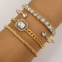 Retro versatile metal chain square diamond 4-piece set, hot-selling multi-layer diamond-encrusted stacked bracelet set, daily travel party versatile bracelet