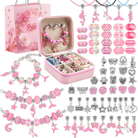 68pcs pink beaded jewelry set, charm bracelet making set with pink jewelry box, for birthday, Christmas, Chinese New Year jewelr