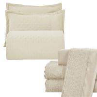 Kit Cobre Leito Queen + Jogo de Lençol Micropercal 300 Fios com Bordado Inglês Santorini 7 Peças - Bege