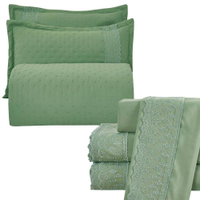 Kit Cobre Leito Casal Padrão + Jogo de Lençol Micropercal 300 Fios com Bordado Inglês Santorini 7 Peças - Verde Militar