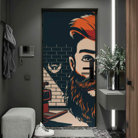 Adesivo de Porta Barbearia Homem Desenhado Fundo de Tijolinho-83X210Cm
