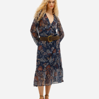 Vestido midi feminino manga bufante com babados floral azul