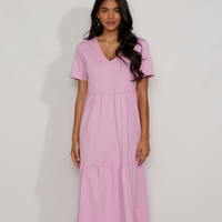 Vestido Midi de Algodão com Recortes Manga Curta Lilás