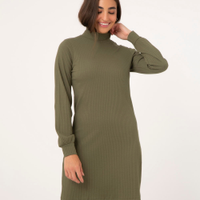 Vestido Canelado Curto Manga Longa Bufante Gola Alta Verde