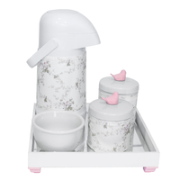 Kit Higiene Espelho Potes, Garrafa, Molhadeira e Capa Passarinho Rosa Quarto Bebê Menina
