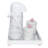 Kit Higiene Espelho Potes, Garrafa, Molhadeira e Capa Coroa Rosa Quarto Bebê Menina