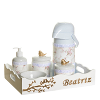 Kit Higiene Pássaros Com 6 Peças, Capa e Nome Do Bebê Quarto Bebê