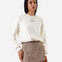 Blusão cropped balonê feminino de moletom manga longa bordado bege