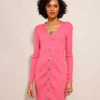 Vestido Curto de Tricô Canelado com Botões Manga Longa Rosa