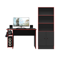 Conjunto Gamer Mesa e Armario Conquest Preto Fosco Vermelho