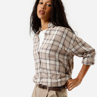 Camisa oversized feminina de viscose manga longa xadrez bege