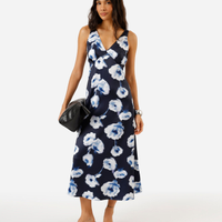 Vestido midi feminino decote v floral azul